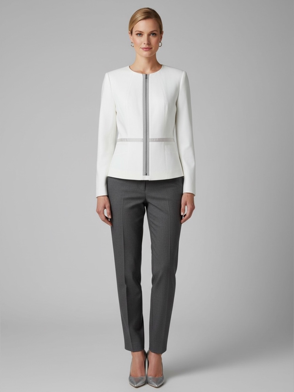 Calvin Klein Collarless Zip Front Peplum Blazer Jacket White Gray Size 6 NWOT